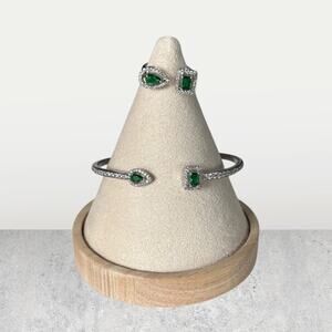 Green Silver Adjustable Bangle & Ring Set